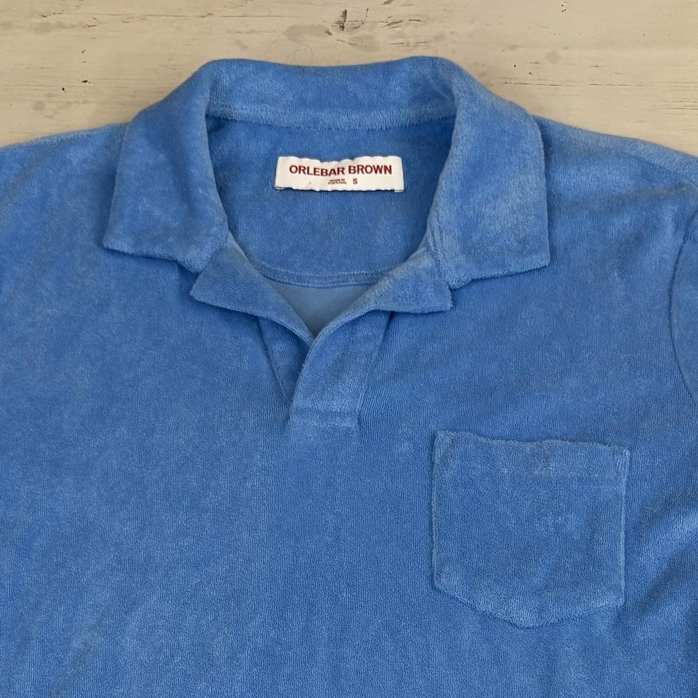 Orlebar Brown Terry Polo Shirt Mens S Blue Cotton Pocket Short Sleeve Beach